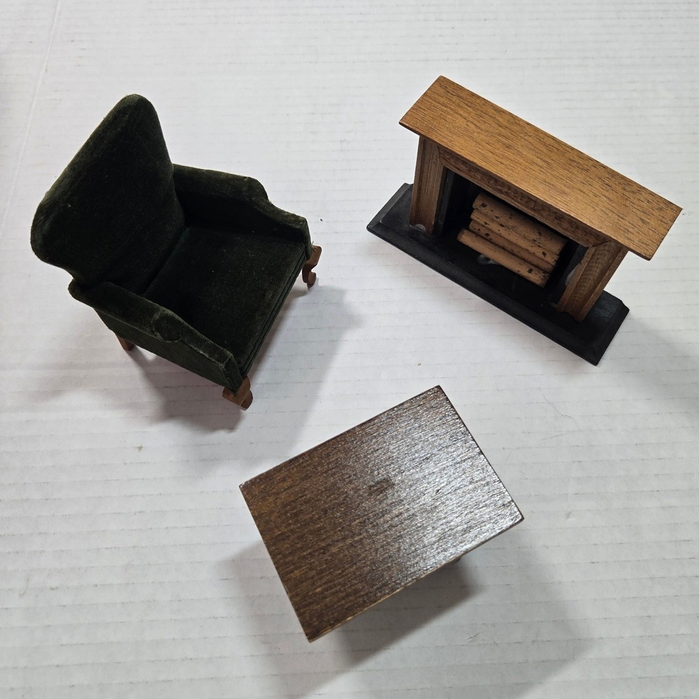 Vintage Dollhouse Miniature Living Room Set Green Velvet Chair Fireplace Table